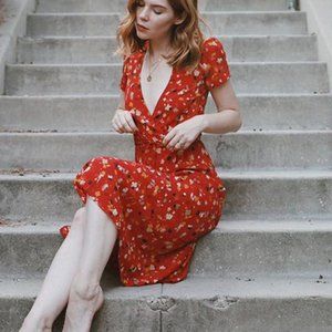 New Cherry VNeck Floral Red Midi Wrap Dress